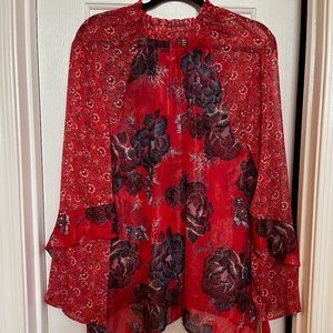 Figueroa & Flower Red Blue & White Sheer Glittery Silky Pullover Top SZ L